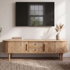 Boho Rustic Japandi Large Curved Solid Light Mango Wood 2 Slatted Doors And 2 Rattan Drawers Low Sideboard TV Stand 180cm