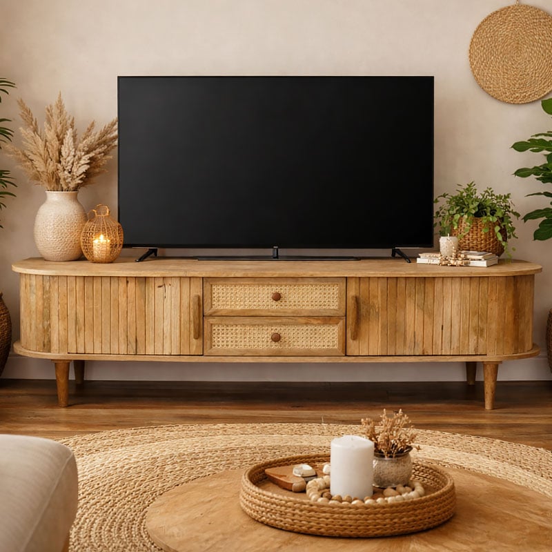 Boho Rustic Japandi Large Curved Solid Light Mango Wood 2 Slatted Doors And 2 Rattan Drawers Low Sideboard TV Stand 180cm Boho Rustic Japandi Large Curved Solid Light Mango Wood 2 Slatted Doors And 2 Rattan Drawers Low Sideboard TV Stand 180cm
