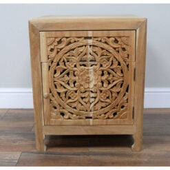 Boho Rustic Mandala Carved 1 Drawer 1 Door Solid Light Teak Wood Bedside Cabinet Side Table Boho Rustic Mandala Carved 1 Drawer 1 Door Solid Light Teak Wood Bedside Cabinet Side Table