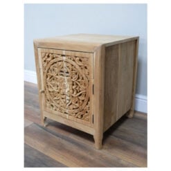 Boho Rustic Mandala Carved 1 Drawer 1 Door Solid Light Teak Wood Bedside Cabinet Side Table Boho Rustic Mandala Carved 1 Drawer 1 Door Solid Light Teak Wood Bedside Cabinet Side Table
