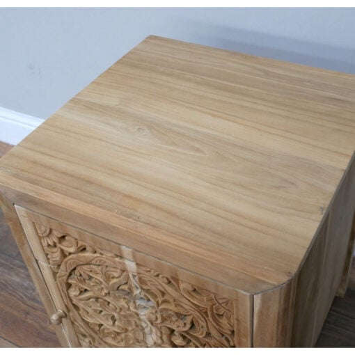 Boho Rustic Mandala Carved 1 Drawer 1 Door Solid Light Teak Wood Bedside Cabinet Side Table Boho Rustic Mandala Carved 1 Drawer 1 Door Solid Light Teak Wood Bedside Cabinet Side Table