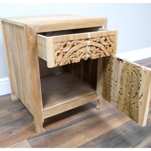 Boho Rustic Mandala Carved 1 Drawer 1 Door Solid Light Teak Wood Bedside Cabinet Side Table Boho Rustic Mandala Carved 1 Drawer 1 Door Solid Light Teak Wood Bedside Cabinet Side Table