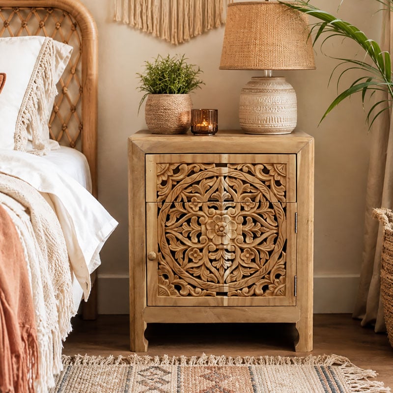 Boho Rustic Mandala Carved 1 Drawer 1 Door Solid Light Teak Wood Bedside Cabinet Side Table Boho Rustic Mandala Carved 1 Drawer 1 Door Solid Light Teak Wood Bedside Cabinet Side Table