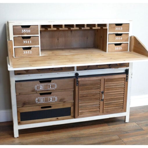 Boho Rustic Multi Drawer Solid Light Wood And White Wine Drinks Bar Cabinet With A Fold-Down Bar Counter And A Sliding Door 115cm Boho Rustic Multi Drawer Solid Light Wood And White Wine Drinks Bar Cabinet With A Fold-Down Bar Counter And A Sliding Door 115cm