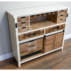 Boho Rustic Multi Drawer Solid Light Wood And White Wine Drinks Bar Cabinet With A Fold-Down Bar Counter And A Sliding Door 115cm Boho Rustic Multi Drawer Solid Light Wood And White Wine Drinks Bar Cabinet With A Fold-Down Bar Counter And A Sliding Door 115cm