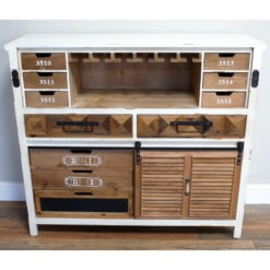 Boho Rustic Multi Drawer Solid Light Wood And White Wine Drinks Bar Cabinet With A Fold-Down Bar Counter And A Sliding Door 115cm Boho Rustic Multi Drawer Solid Light Wood And White Wine Drinks Bar Cabinet With A Fold-Down Bar Counter And A Sliding Door 115cm