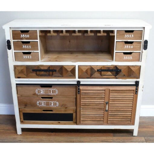 Boho Rustic Multi Drawer Solid Light Wood And White Wine Drinks Bar Cabinet With A Fold-Down Bar Counter And A Sliding Door 115cm Boho Rustic Multi Drawer Solid Light Wood And White Wine Drinks Bar Cabinet With A Fold-Down Bar Counter And A Sliding Door 115cm