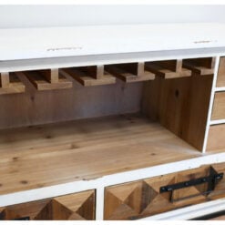 Boho Rustic Multi Drawer Solid Light Wood And White Wine Drinks Bar Cabinet With A Fold-Down Bar Counter And A Sliding Door 115cm Boho Rustic Multi Drawer Solid Light Wood And White Wine Drinks Bar Cabinet With A Fold-Down Bar Counter And A Sliding Door 115cm