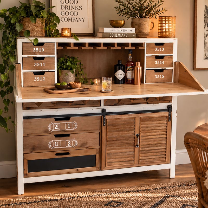 Boho Rustic Multi Drawer Solid Light Wood And White Wine Drinks Bar Cabinet With A Fold-Down Bar Counter And A Sliding Door 115cm Boho Rustic Multi Drawer Solid Light Wood And White Wine Drinks Bar Cabinet With A Fold-Down Bar Counter And A Sliding Door 115cm