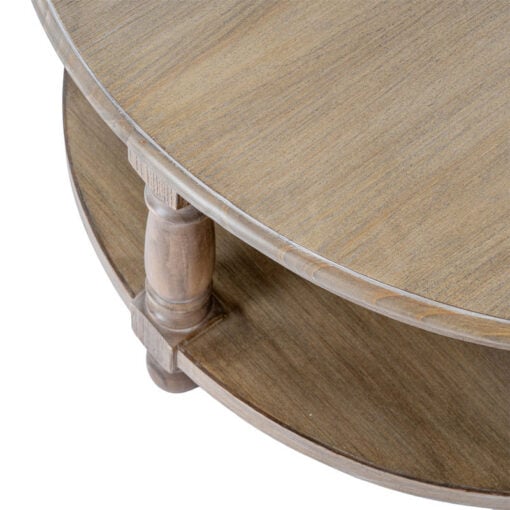 Hamptons Rustic Country Farmhouse Solid Light Wood 2 Tier Round Coffee Table With Carved Legs 90cm