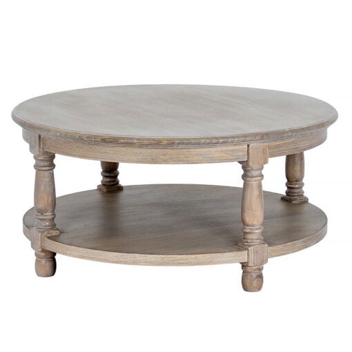 Hamptons Rustic Country Farmhouse Solid Light Wood 2 Tier Round Coffee Table With Carved Legs 90cm
