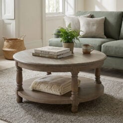 Hamptons Rustic Country Farmhouse Solid Light Wood 2 Tier Round Coffee Table With Carved Legs 90cm