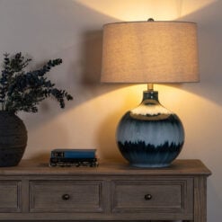 Ice Shadow Shades of Blue Dipped Glass Table Lamp With Natural Linen Shade 63cm