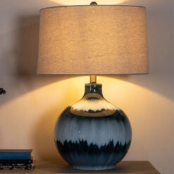 Ice Shadow Shades of Blue Dipped Glass Table Lamp With Natural Linen Shade 63cm