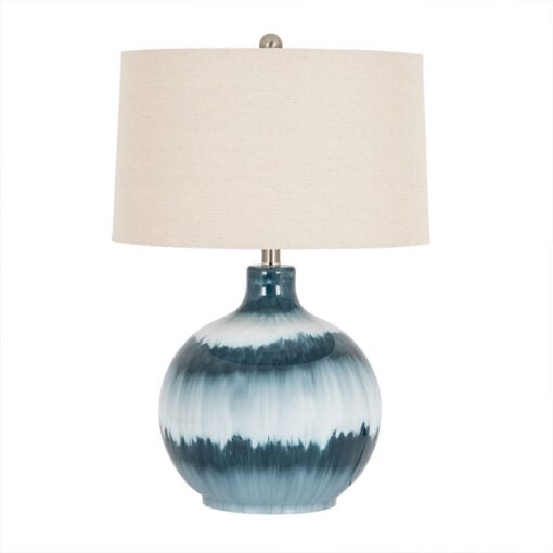 Ice Shadow Shades of Blue Dipped Glass Table Lamp With Natural Linen Shade 63cm
