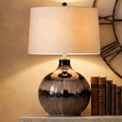 Ice Shadow Shades of Brown Dipped Glass Table Lamp With Natural Linen Shade 66cm