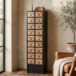 Industrial Boho Rustic Multi Drawer Apothecary Style Black And Light Solid Wood Cabinet Chest Of Drawers 122cm