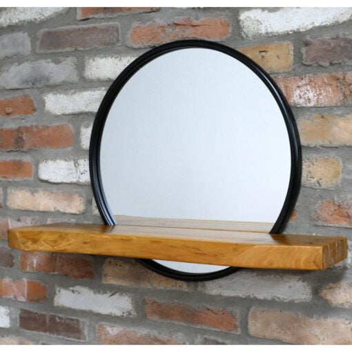 Industrial Rustic Japandi Black Metal And Solid Light Wood Living Edge Shelf Round Wall Mirror