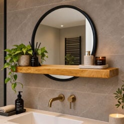 Industrial Rustic Japandi Black Metal And Solid Light Wood Living Edge Shelf Round Wall Mirror