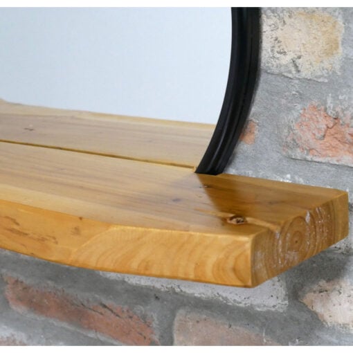 Industrial Rustic Japandi Black Metal And Solid Light Wood Living Edge Shelf Round Wall Mirror