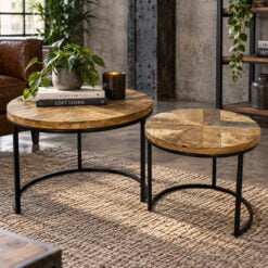 Industrial Rustic Set Of 2 Nesting Solid Light Mango Wood And Black Metal Side Tables