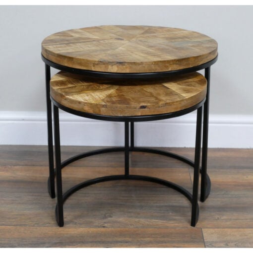 Industrial Rustic Set Of 2 Nesting Solid Light Mango Wood And Black Metal Side Tables