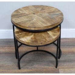 Industrial Rustic Set Of 2 Nesting Solid Light Mango Wood And Black Metal Side Tables