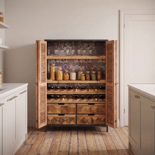 Industrial Rustic Solid Light Wood And Black Metal Concealed Wine Cabinet Larder Bar Unit With Shutter Doors 135cm Industrial Rustic Solid Light Wood And Black Metal Concealed Wine Cabinet Larder Bar Unit With Shutter Doors 135cm