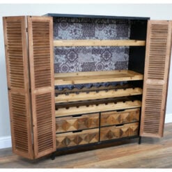 Industrial Rustic Solid Light Wood And Black Metal Concealed Wine Cabinet Larder Bar Unit With Shutter Doors 135cm Industrial Rustic Solid Light Wood And Black Metal Concealed Wine Cabinet Larder Bar Unit With Shutter Doors 135cm