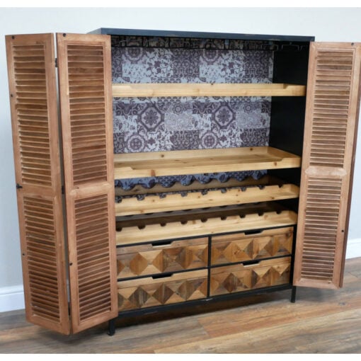 Industrial Rustic Solid Light Wood And Black Metal Concealed Wine Cabinet Larder Bar Unit With Shutter Doors 135cm Industrial Rustic Solid Light Wood And Black Metal Concealed Wine Cabinet Larder Bar Unit With Shutter Doors 135cm