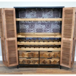 Industrial Rustic Solid Light Wood And Black Metal Concealed Wine Cabinet Larder Bar Unit With Shutter Doors 135cm Industrial Rustic Solid Light Wood And Black Metal Concealed Wine Cabinet Larder Bar Unit With Shutter Doors 135cm