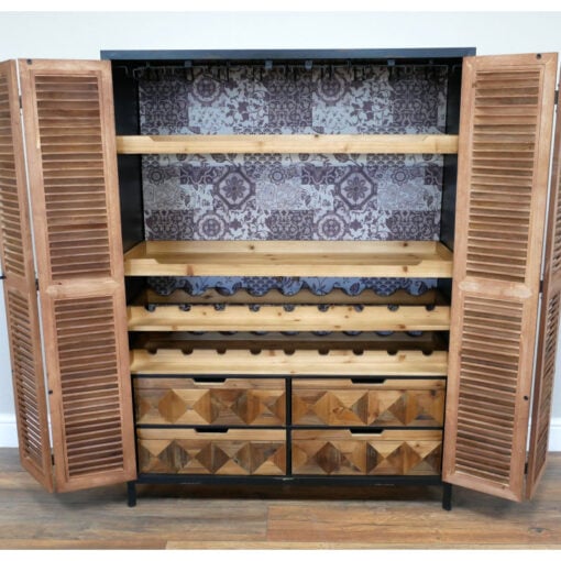Industrial Rustic Solid Light Wood And Black Metal Concealed Wine Cabinet Larder Bar Unit With Shutter Doors 135cm Industrial Rustic Solid Light Wood And Black Metal Concealed Wine Cabinet Larder Bar Unit With Shutter Doors 135cm