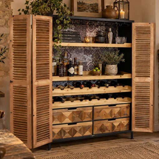 Industrial Rustic Solid Light Wood And Black Metal Concealed Wine Cabinet Larder Bar Unit With Shutter Doors 135cm Industrial Rustic Solid Light Wood And Black Metal Concealed Wine Cabinet Larder Bar Unit With Shutter Doors 135cm