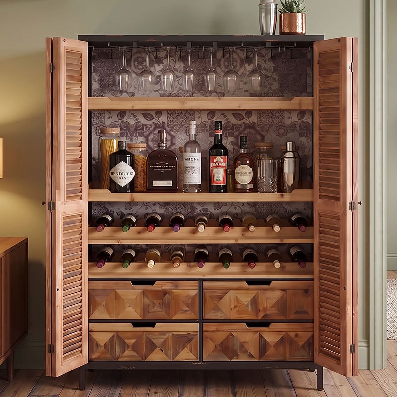 Industrial Rustic Solid Light Wood And Black Metal Concealed Wine Cabinet Larder Bar Unit With Shutter Doors 135cm Industrial Rustic Solid Light Wood And Black Metal Concealed Wine Cabinet Larder Bar Unit With Shutter Doors 135cm