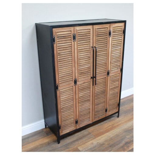 Industrial Rustic Solid Light Wood And Black Metal Concealed Wine Cabinet Larder Bar Unit With Shutter Doors 135cm Industrial Rustic Solid Light Wood And Black Metal Concealed Wine Cabinet Larder Bar Unit With Shutter Doors 135cm