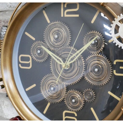 Industrial Steampunk Black And Gold Metal Exposed Visible Moving Gears Engine Wall Clock 44cm