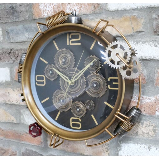 Industrial Steampunk Black And Gold Metal Exposed Visible Moving Gears Engine Wall Clock 44cm