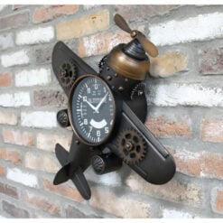 Industrial Steampunk Black And Gold Metal Large Wall Mounted Aeroplane Clock With Propellor 50cm