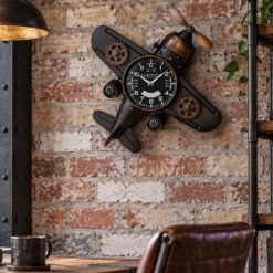 Industrial Steampunk Black And Gold Metal Large Wall Mounted Aeroplane Clock With Propellor 50cm