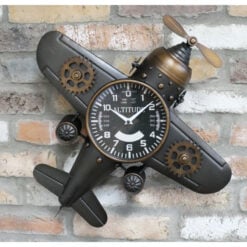 Industrial Steampunk Black And Gold Metal Large Wall Mounted Aeroplane Clock With Propellor 50cm