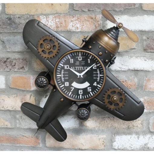 Industrial Steampunk Black And Gold Metal Large Wall Mounted Aeroplane Clock With Propellor 50cm