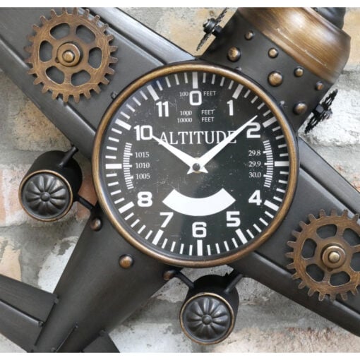 Industrial Steampunk Black And Gold Metal Large Wall Mounted Aeroplane Clock With Propellor 50cm