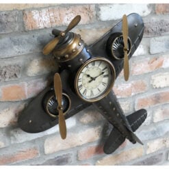 Industrial Steampunk Black And Gold Metal Large Wall Mounted Aeroplane Clock With Propellors 60cm Industrial Steampunk Black And Gold Metal Large Wall Mounted Aeroplane Clock With Propellors 60cm