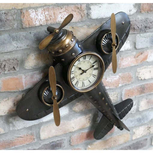 Industrial Steampunk Black And Gold Metal Large Wall Mounted Aeroplane Clock With Propellors 60cm Industrial Steampunk Black And Gold Metal Large Wall Mounted Aeroplane Clock With Propellors 60cm