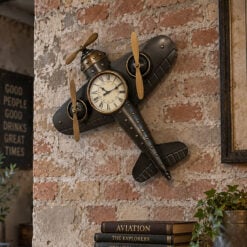 Industrial Steampunk Black And Gold Metal Large Wall Mounted Aeroplane Clock With Propellors 60cm