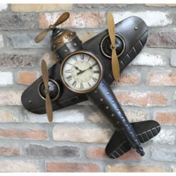 Industrial Steampunk Black And Gold Metal Large Wall Mounted Aeroplane Clock With Propellors 60cm Industrial Steampunk Black And Gold Metal Large Wall Mounted Aeroplane Clock With Propellors 60cm