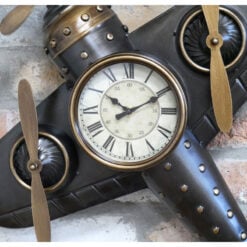 Industrial Steampunk Black And Gold Metal Large Wall Mounted Aeroplane Clock With Propellors 60cm Industrial Steampunk Black And Gold Metal Large Wall Mounted Aeroplane Clock With Propellors 60cm