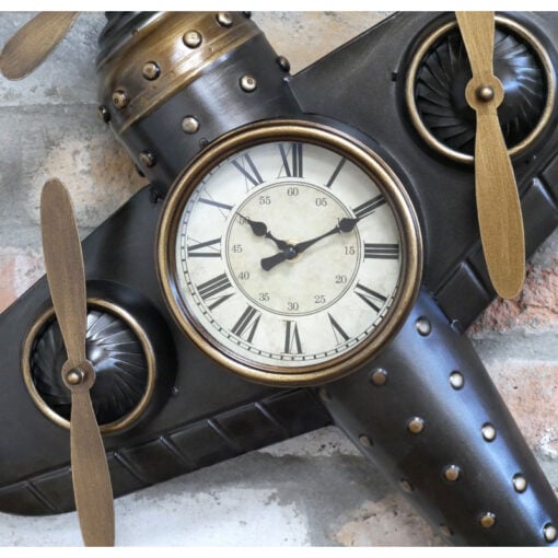 Industrial Steampunk Black And Gold Metal Large Wall Mounted Aeroplane Clock With Propellors 60cm Industrial Steampunk Black And Gold Metal Large Wall Mounted Aeroplane Clock With Propellors 60cm