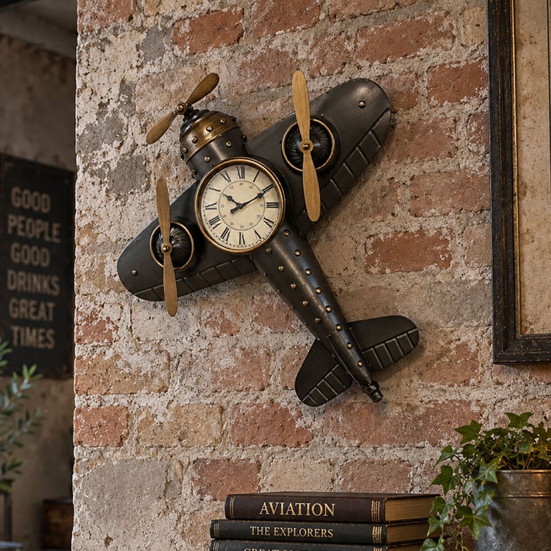 Industrial Steampunk Black And Gold Metal Large Wall Mounted Aeroplane Clock With Propellors 60cm Industrial Steampunk Black And Gold Metal Large Wall Mounted Aeroplane Clock With Propellors 60cm