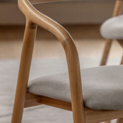 Scandi Japandi Set Of 2 Curved Open Back Solid Light Ash Wood Dining Chairs With Natural Coloured Upholstered Seats